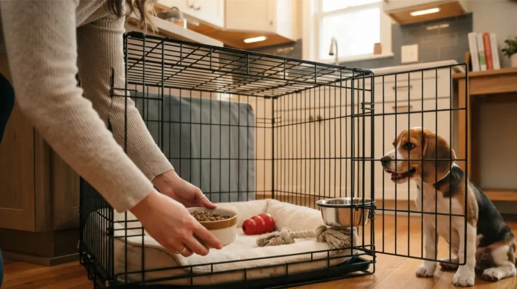 Person placing food bowl in puppy crate to build positive crate training association”