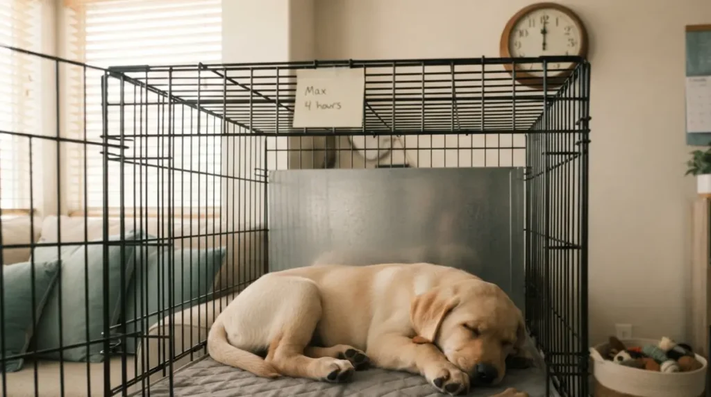 3 month old Labrador puppy sleeping in crate during crate training with time limit reminder