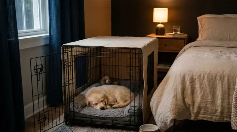 A young puppy sleeping calmly in a crate beside its owner’s bed during overnight crate training.