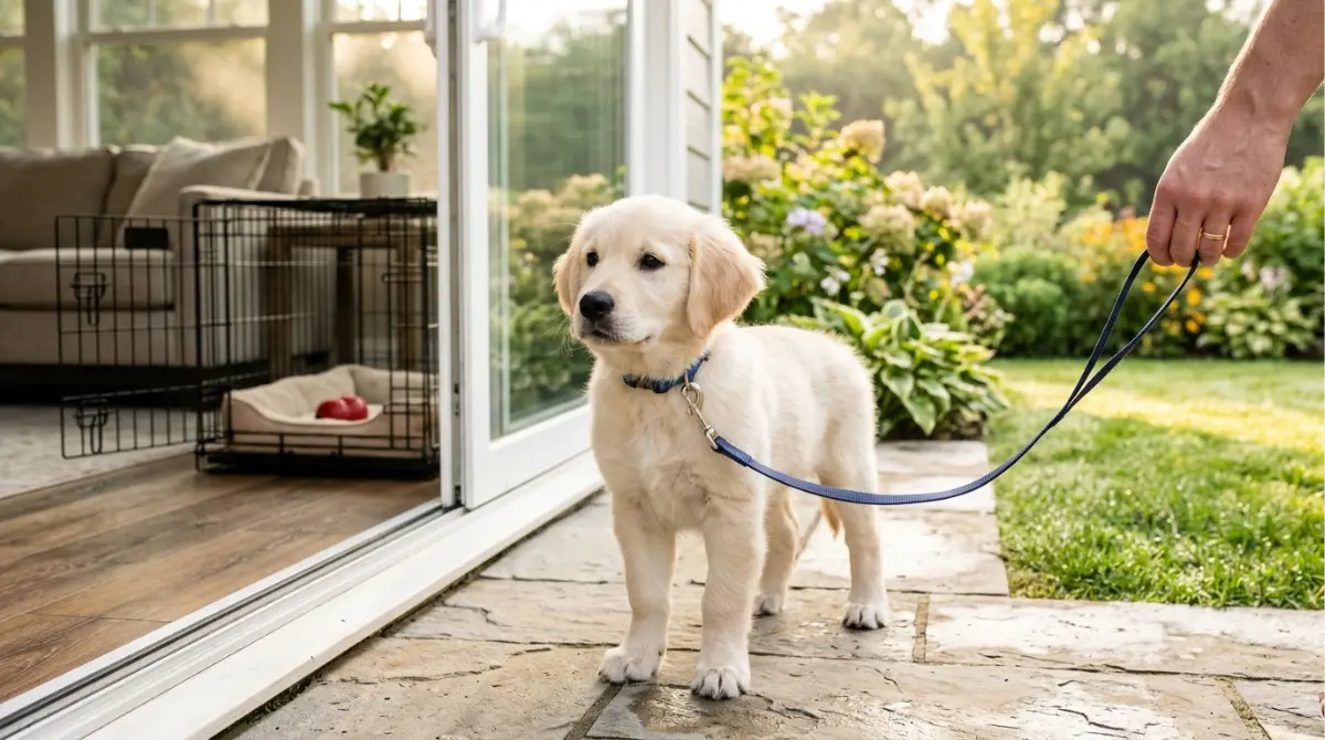 Eight-week-old puppy on a leash outside after a potty break, with a crate visible through an open door during crate training.