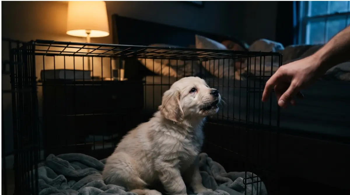 Puppy Crying in crate at night during first week - 8-week-old golden retriever beside bed