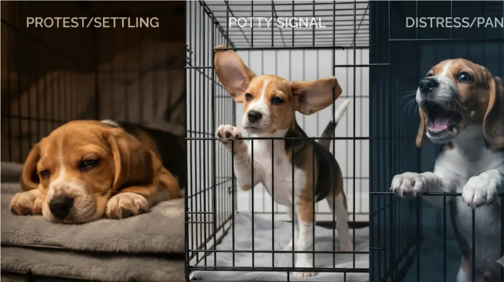 Three types of Puppy Crying sounds - protest grumbling, potty need, and panic distress in crate
