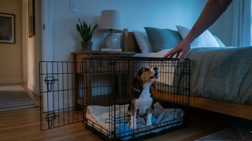 Small puppy stepping into an open wire crate to find treats on a blanket during the day