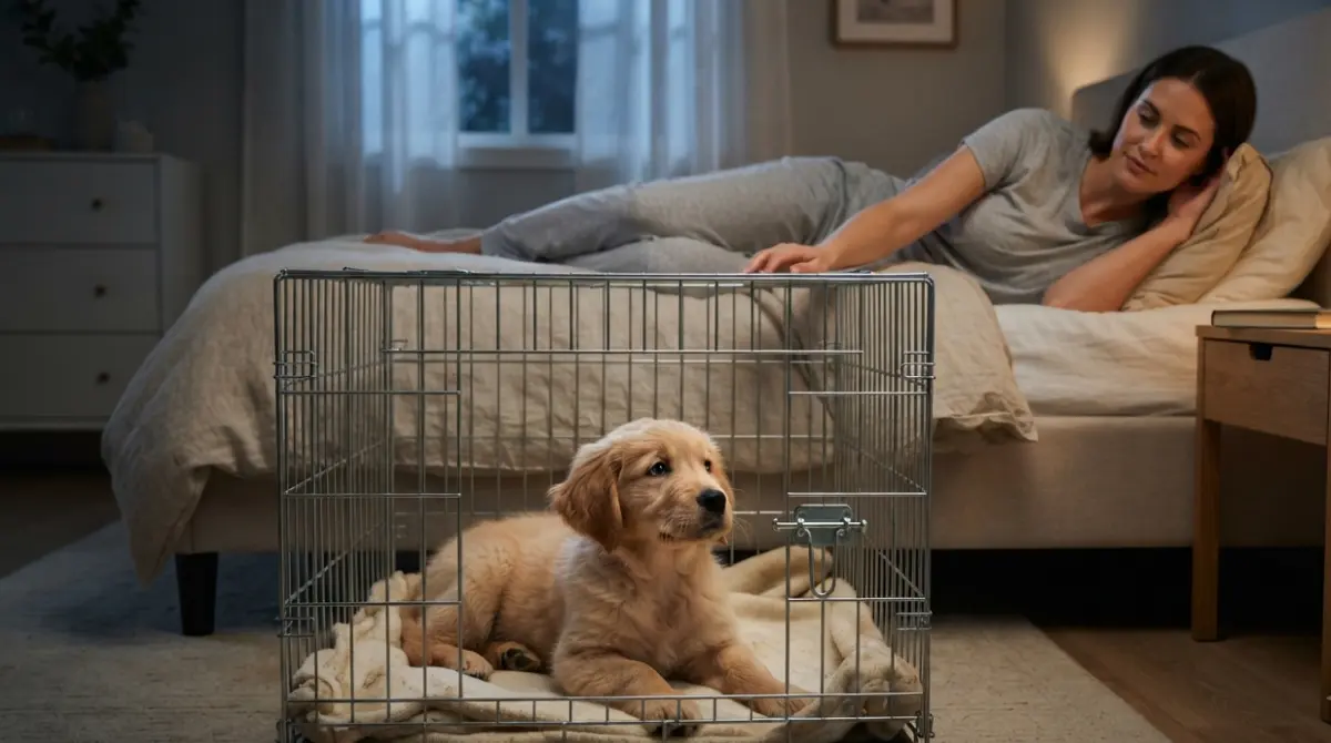 Young puppy asleep in a wire crate placed beside a bed, with an adult hand resting near the crate door at night