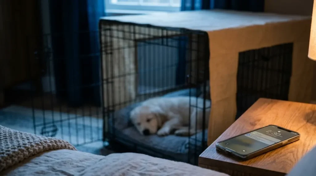 A phone alarm set for 2:30 a.m. beside a puppy sleeping in a crate during overnight crate training.