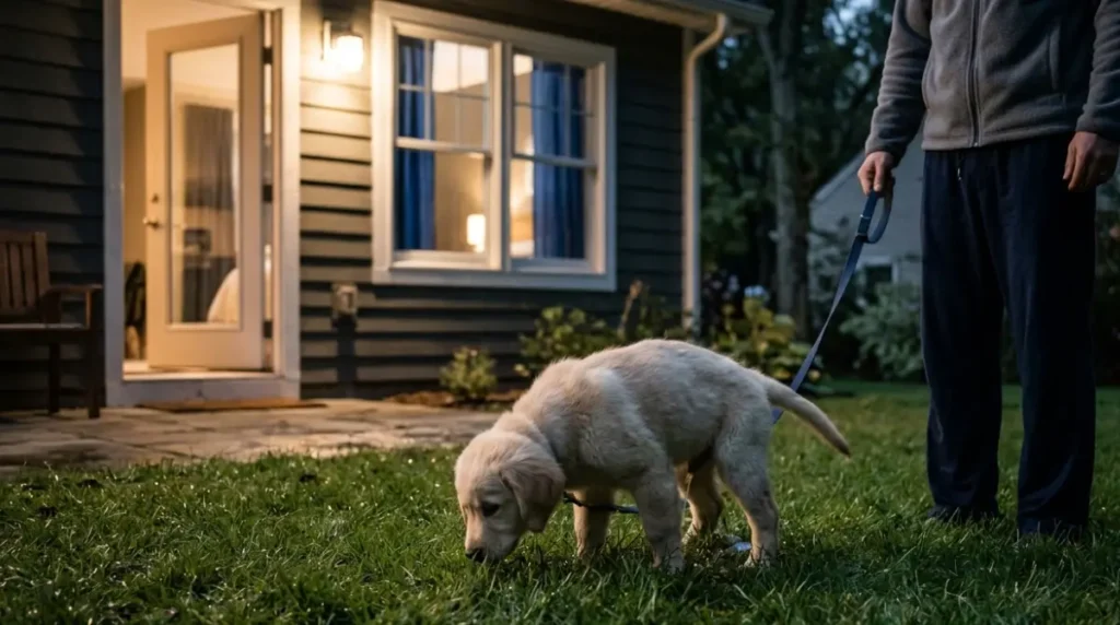 An owner taking a young puppy outside for a quiet nighttime potty break during crate training.