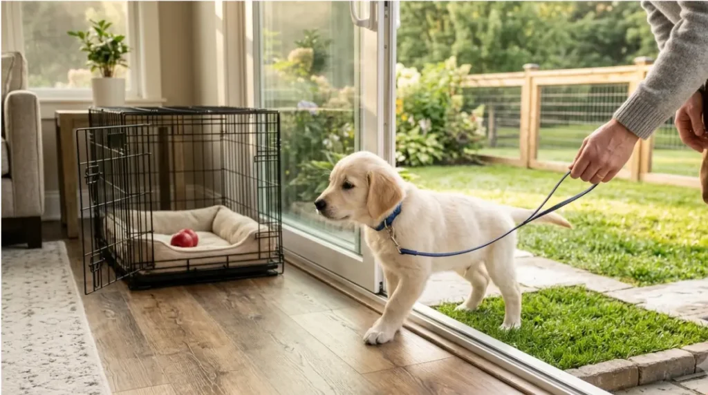 Puppy being guided outside to a grass potty area, with its crate and chew toy visible inside during crate training.