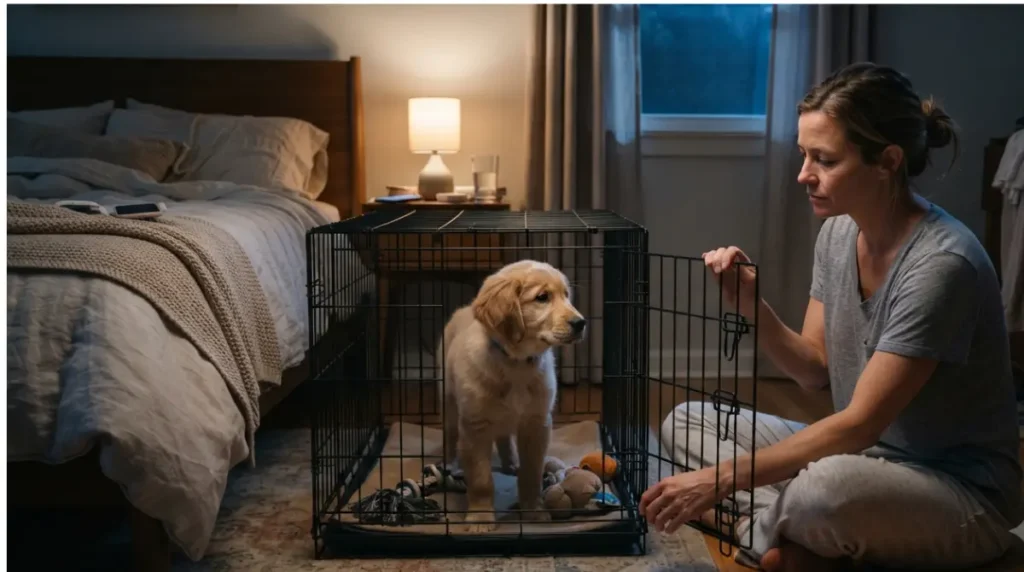 Puppy Stay overnight in a crate while an owner prepares for a quiet nighttime potty trip