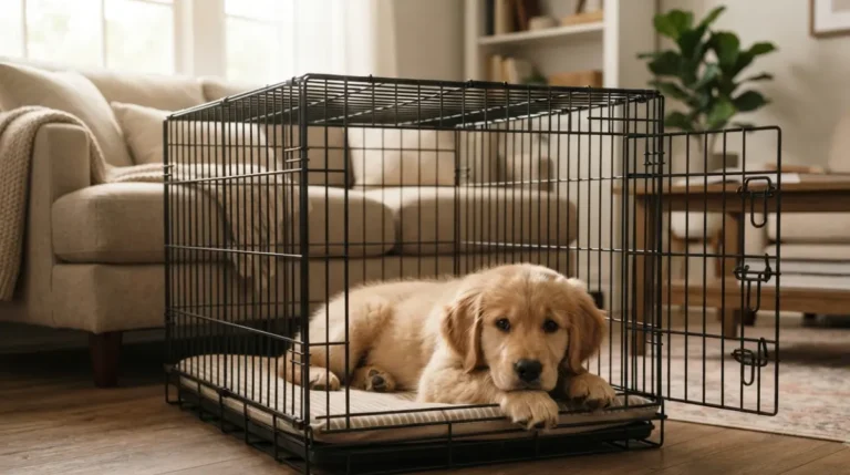 Puppy Stay in a properly sized crate while resting comfortably in a family home