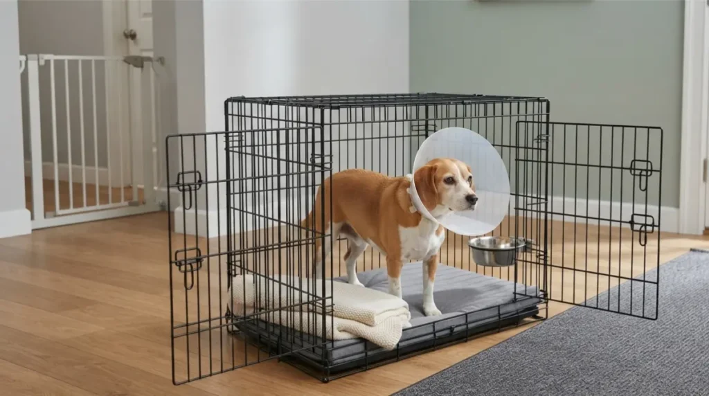 Safe dog recovery crate setup with non-slip mat for Rest After Surgery