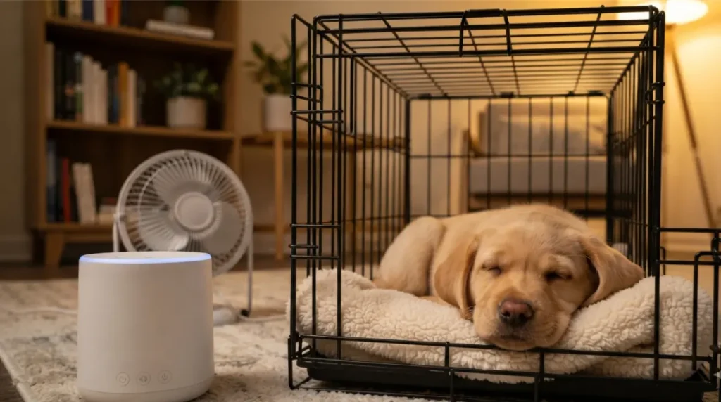 Safe sound-softening methods using white noise during crate training without covering the crate