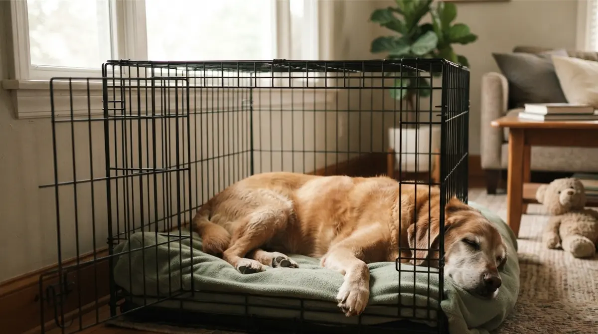 Senior Dog resting comfortably in a crate with orthopedic bedding in a warm family living room