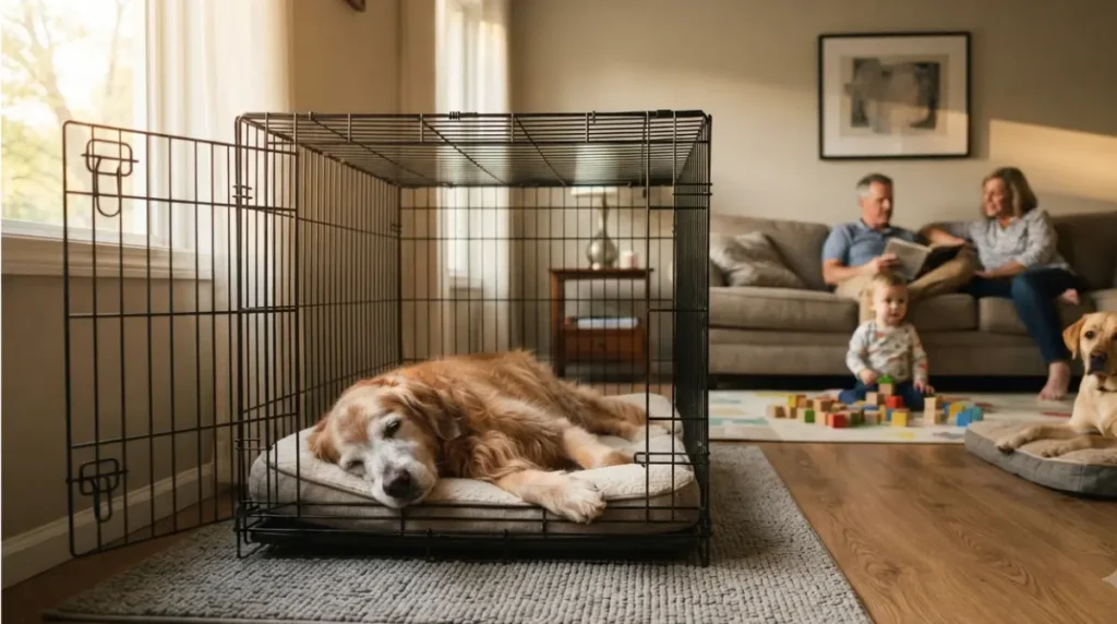 Best crate location in a busy home for a Senior Dog, placed on the ground floor away from stairs