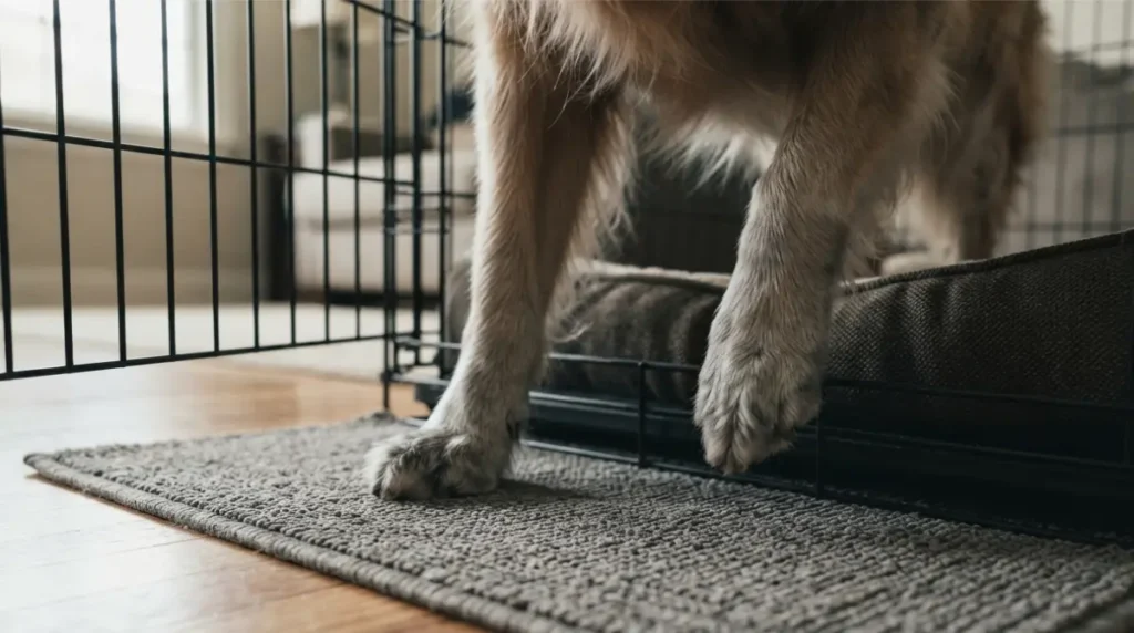 Joint-friendly crate setup for a Senior Dog with low entry, supportive bed, and non-slip rug