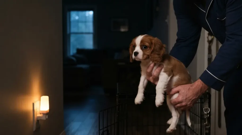 Owner taking Puppy Crying at night outside for silent potty break without turning on lights