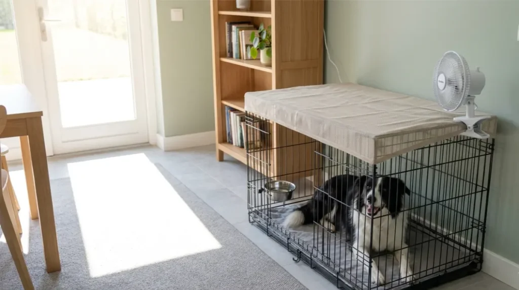 Wire crate on an interior wall with a mesh cover, clip-on bowl and outside fan to limit summer heat