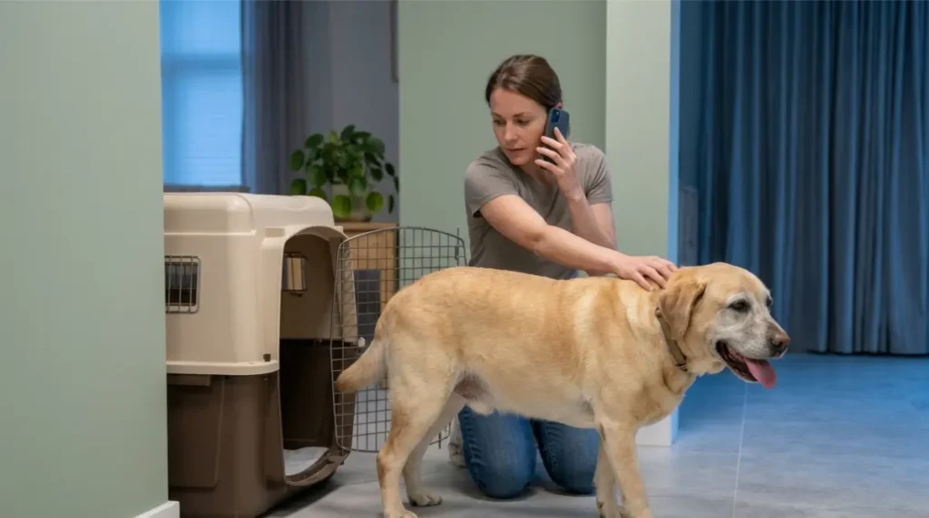 Woman leading a panting senior Labrador out of its crate to a cool room during a heat emergency