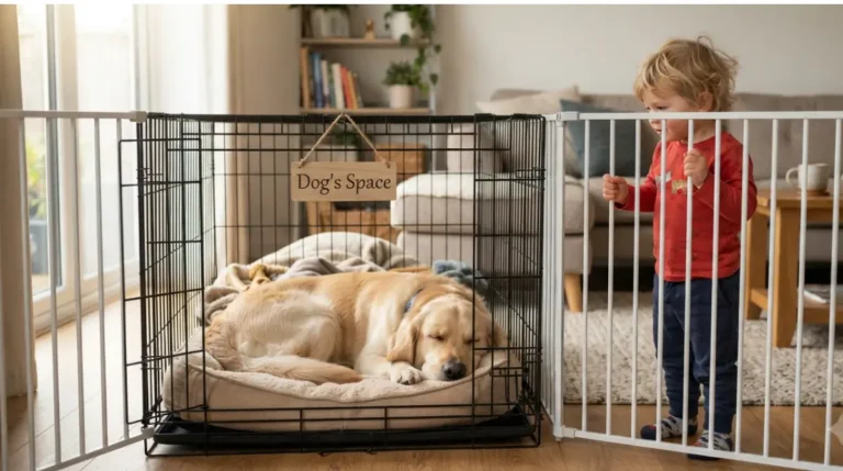 Toddler looking at dog in crate behind baby gate – Dog Crate and Toddler safety”