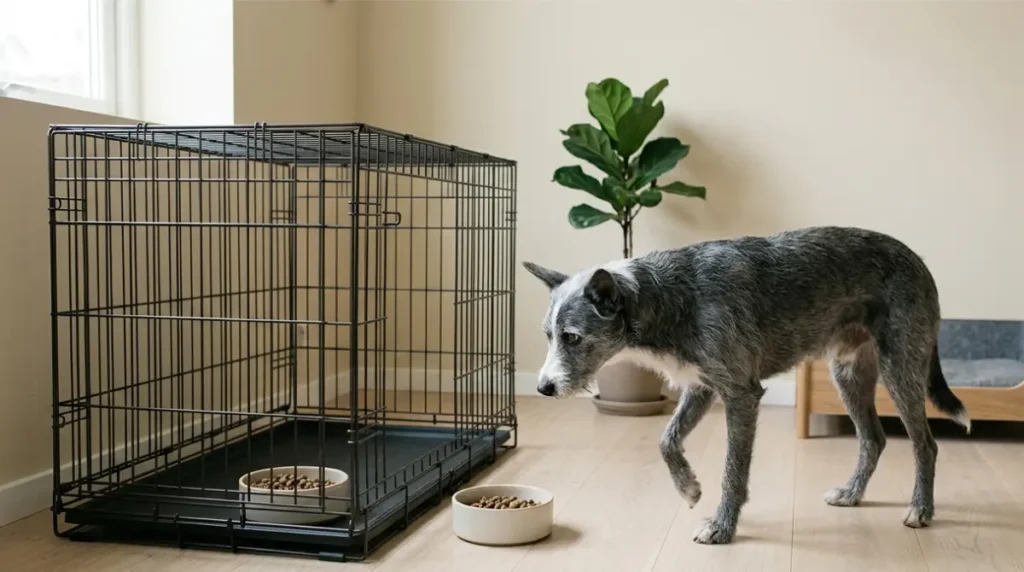 Dog eating a food-stuffed toy inside an open crate during crate training