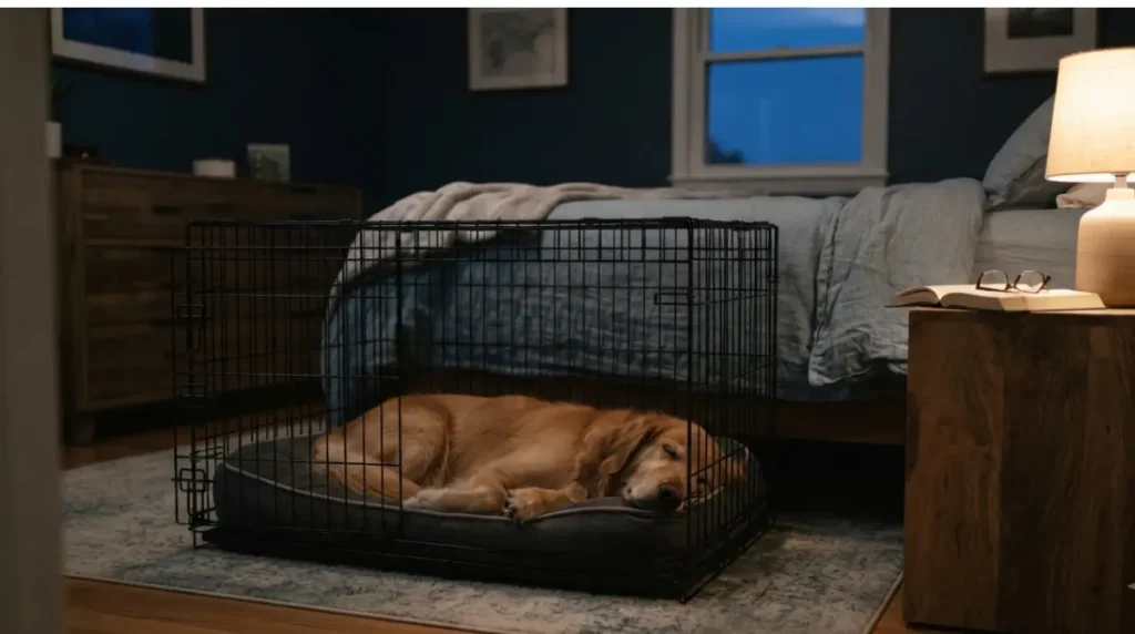 Dog sleeping in a Dog Crate placed next to the bed in a bedroom at night