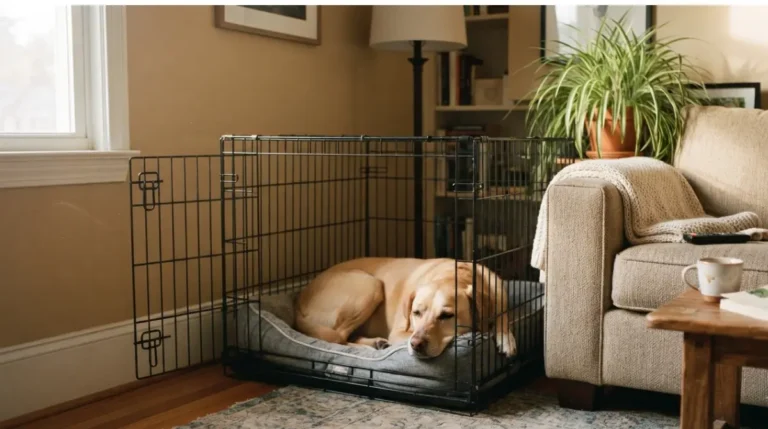 Real living room with a dog resting calmly in a Dog Crate placed in a quiet corner near the sofa