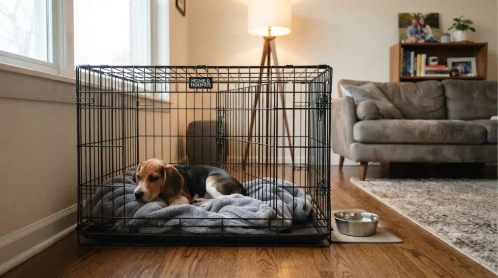 “Beagle puppy resting in the best dog crate for puppies — a wire crate with adjustable divider panel”
