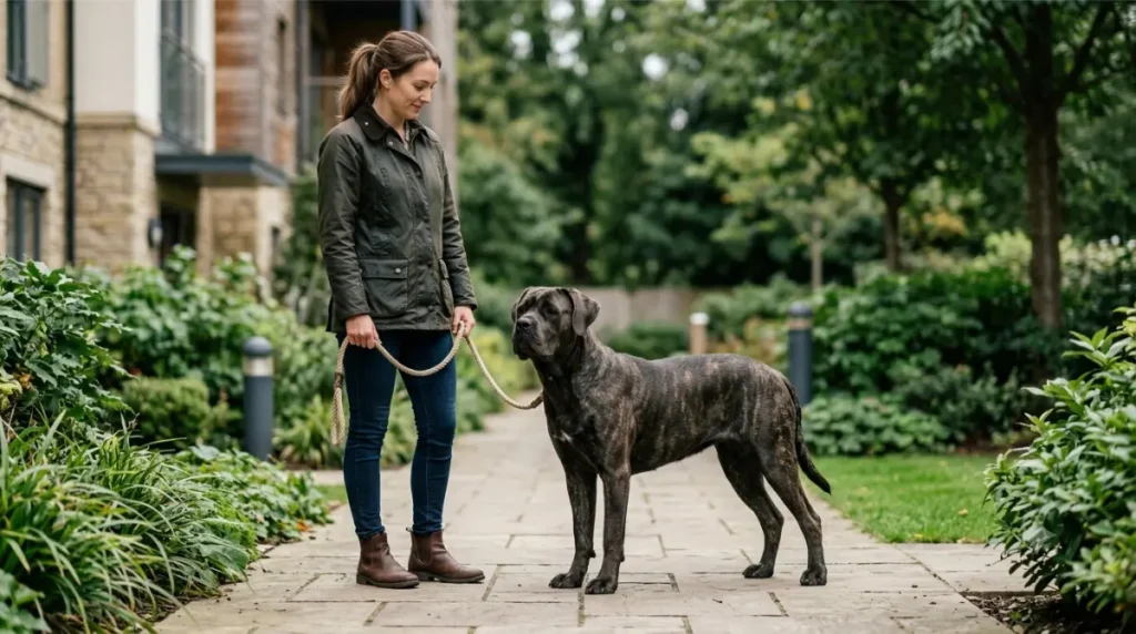 Adult Cane Corso standing beside its owner to show its large size Copy alt text