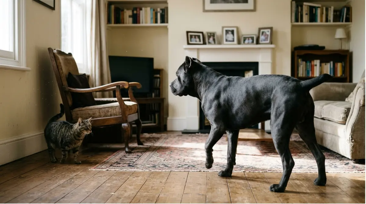 Cane Corso resting calmly beside a tabby cat in a cozy living room