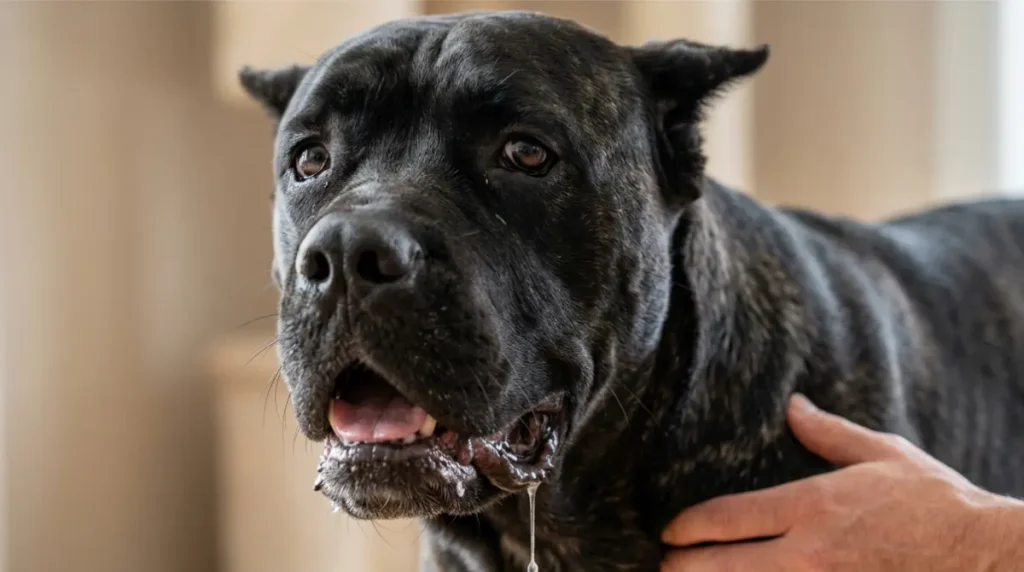 Close-up of a Cane Corso drooling and panting, showing possible early signs of bloat