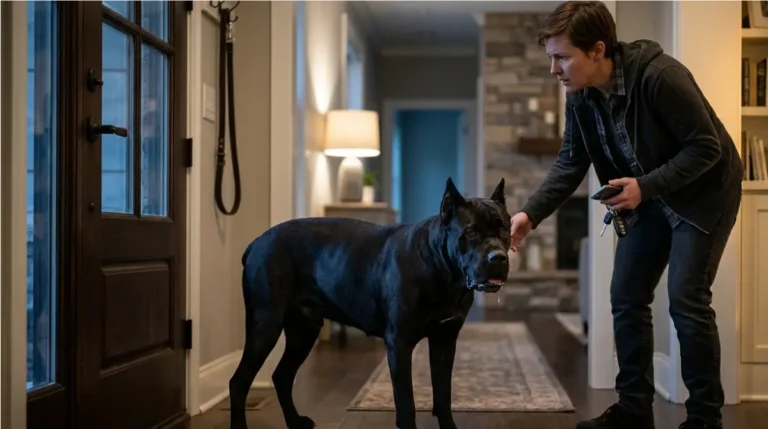 Cane Corso showing early signs of bloat at night while its owner prepares to leave for the emergency vet