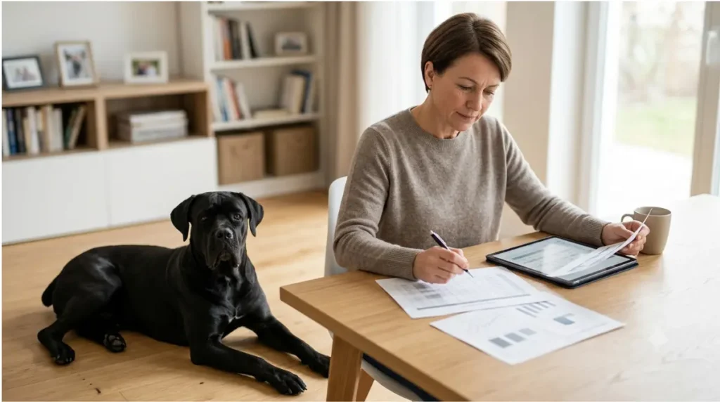 Breeder reviewing hip and elbow Dysplasia health records beside an adult Cane Corso