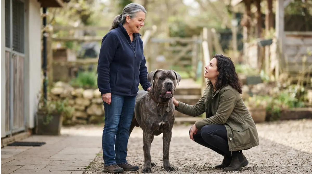Prospective owner meeting a Corso Breeder beside a calm adult Cane Corso