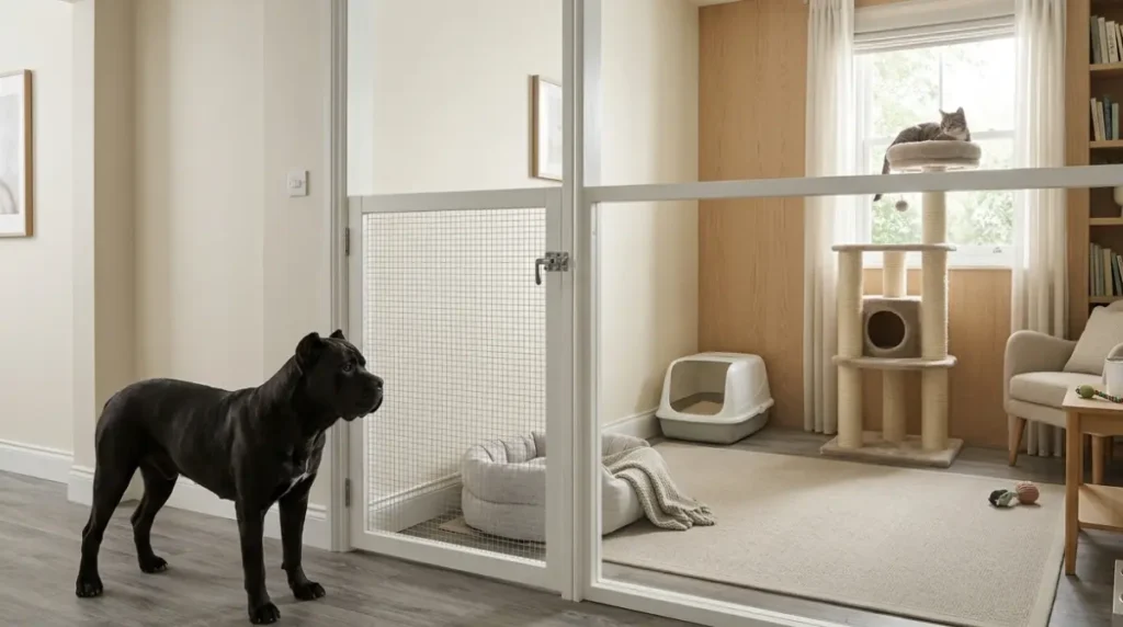 Cane Corso separated from a cat's safe room by a secure pet gate