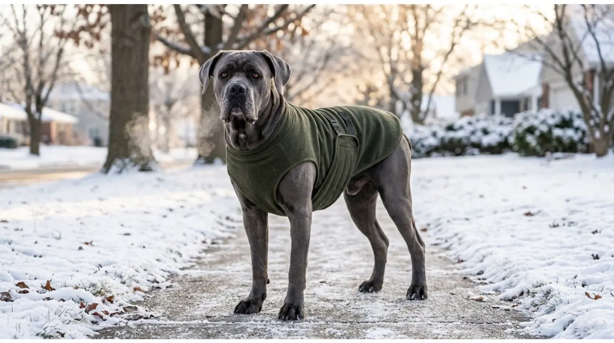 Cane Corso wearing a winter coat standing in snow during Cold Weather with frosty breath visible in the morning air