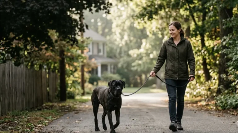 Cane Corso Exercise: adult Cane Corso walking calmly beside an adult handler on a leash