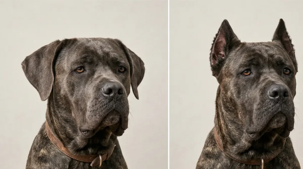 Cane Corso portraits showing cropped and uncropped ears, with Cropping as an optional appearance