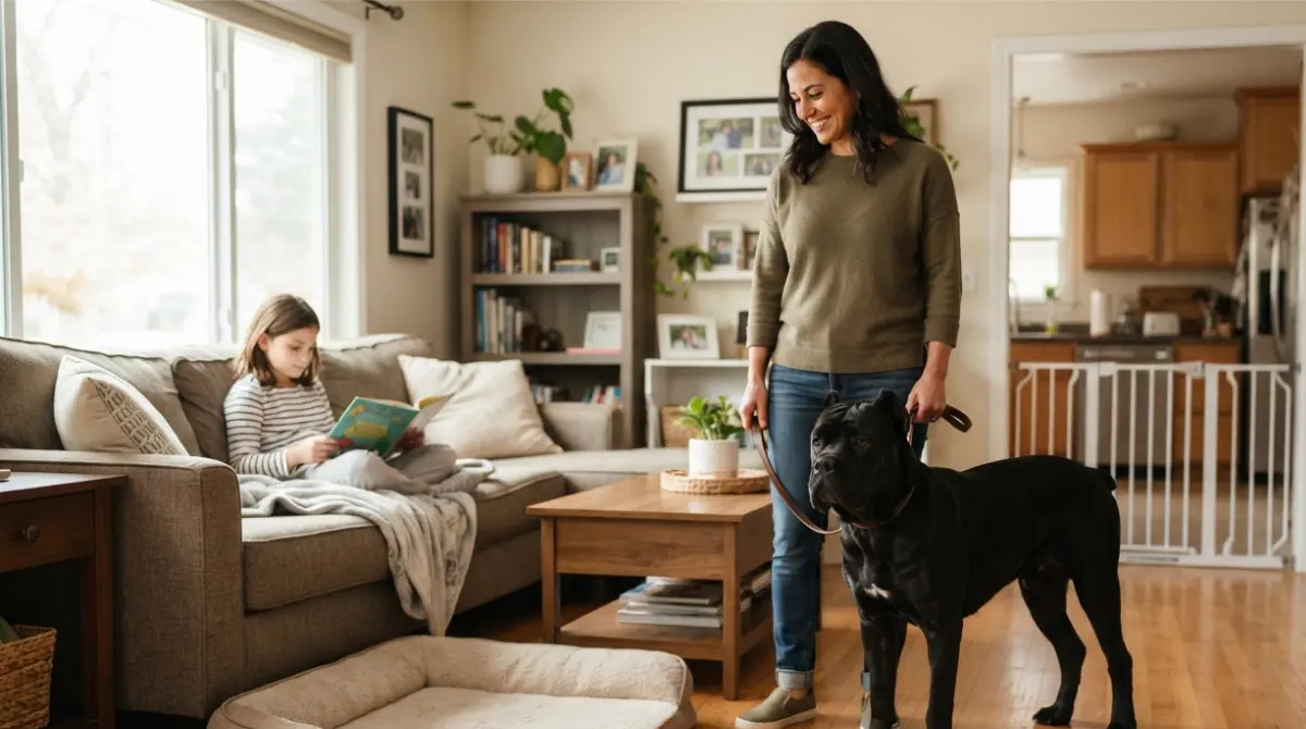 Corsos calmly beside an adult handler in a supervised family living room.