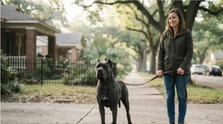 Cane Corso standing calmly beside an adult first-time dog owner on a residential sidewalk