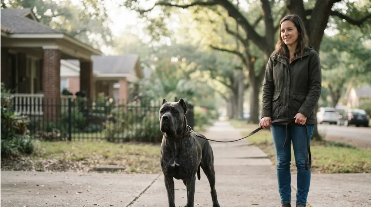 Cane Corso standing calmly beside an adult first-time dog owner on a residential sidewalk
