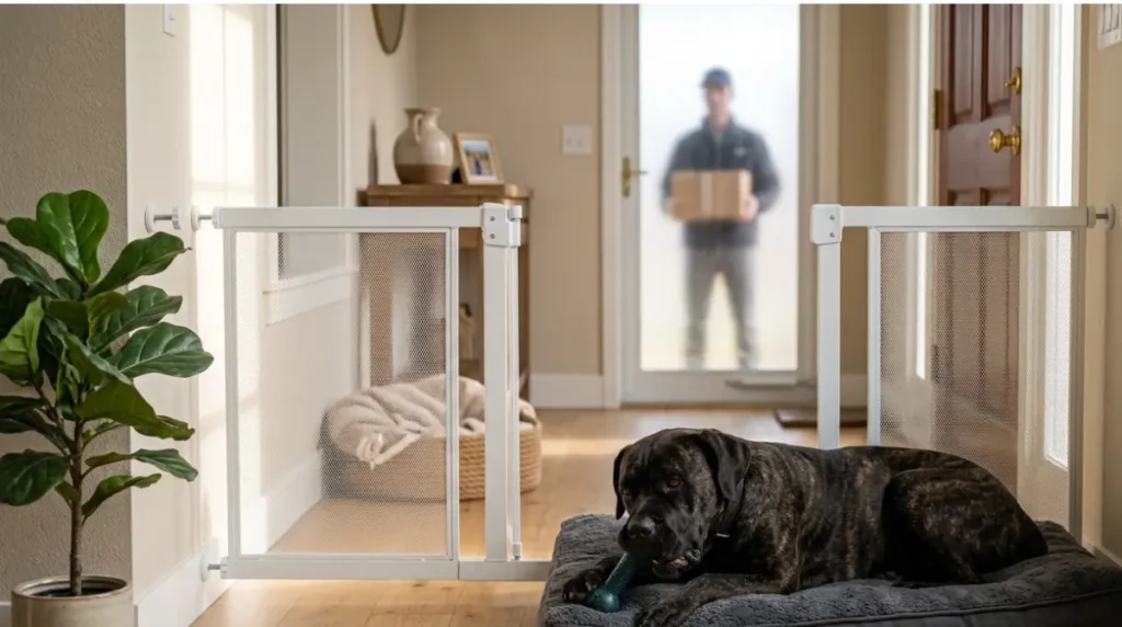 Black brindle Cane Corso resting in a gated room with a chew toy while a delivery arrives at the front door