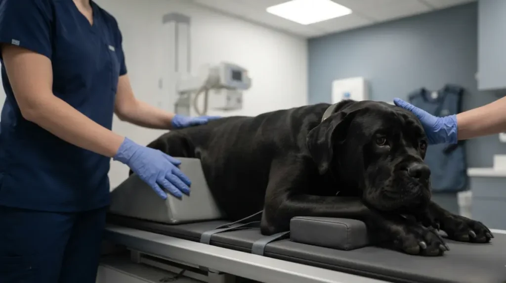 Cane Corso Health hip and elbow screening with a veterinary technician calmly positioning an adult Cane Corso for radiographs.