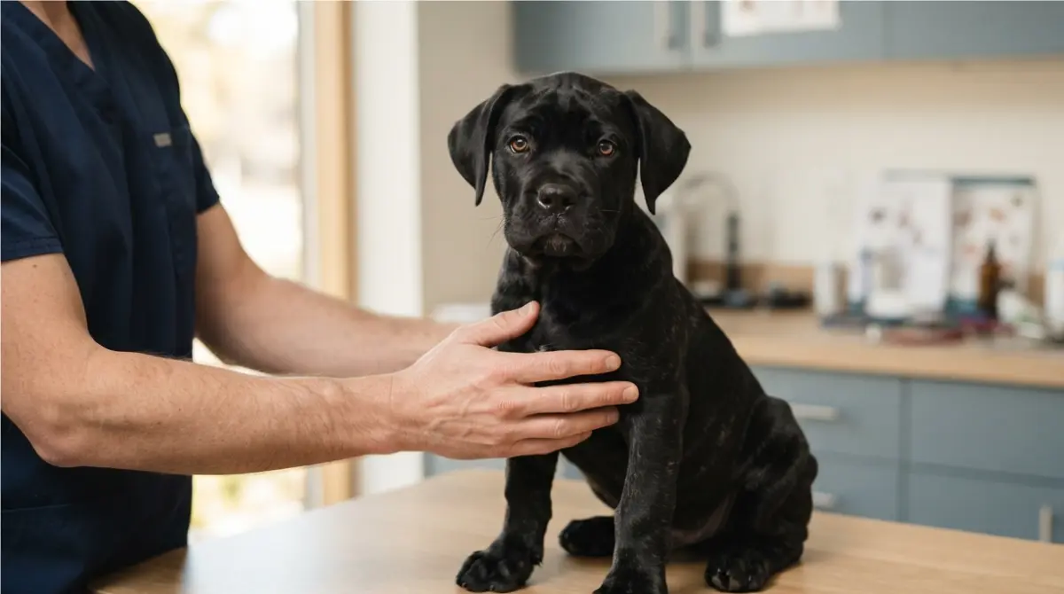 Cane Corso Health testing guide showing a calm black-and-brindle Cane Corso puppy being gently examined by a veterinarian.