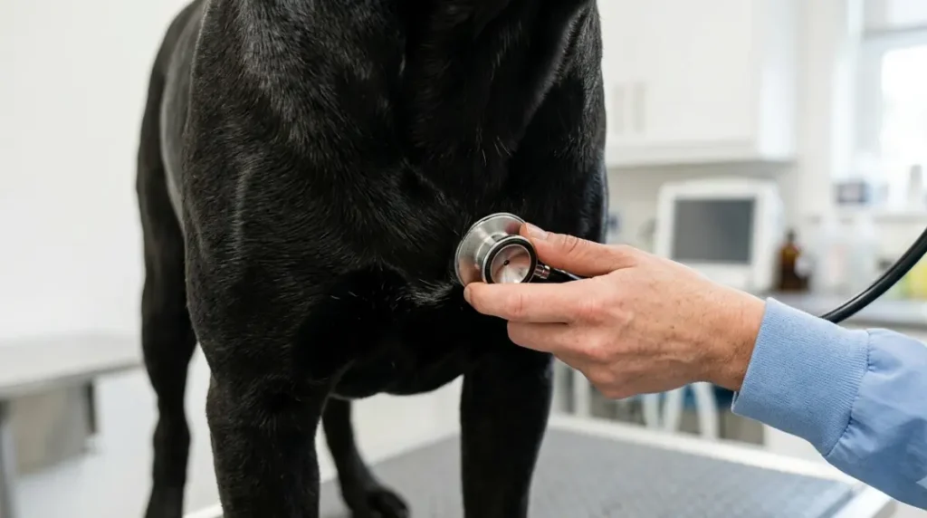 Close-up of a veterinarian listening to a Cane Corso Heart with a stethoscope during a basic cardiac exam