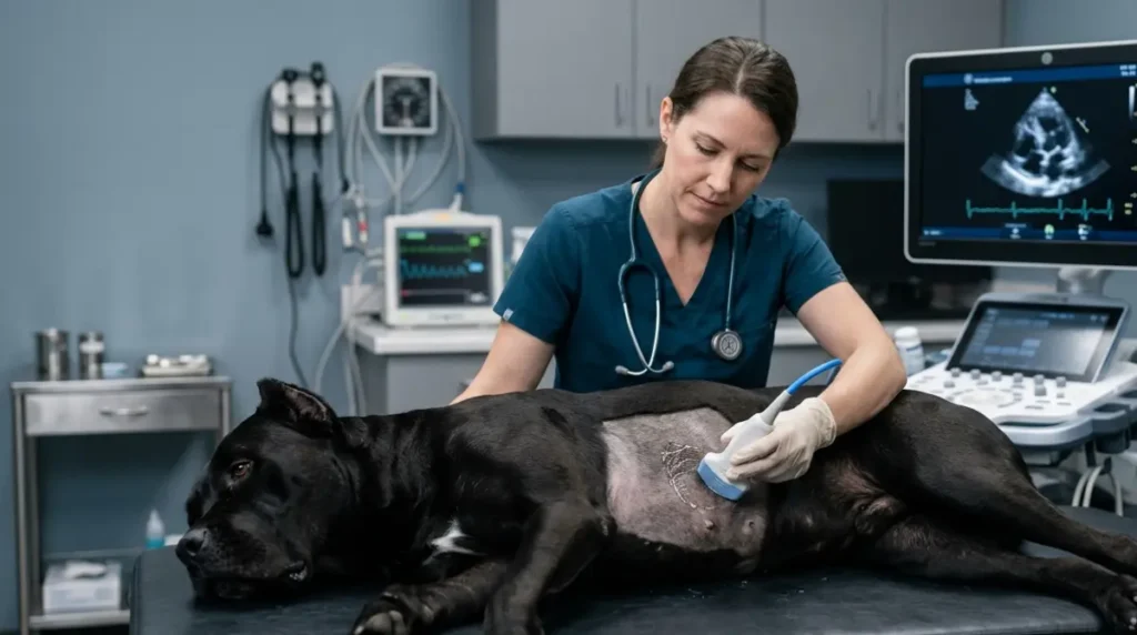 Veterinary cardiologist performing an echocardiogram to assess a Cane Corso Heart on an ultrasound table