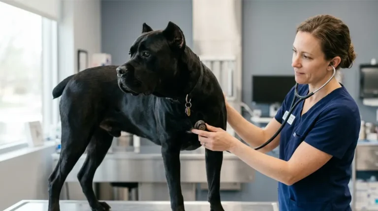 Veterinarian checking the Cane Corso Heart of a healthy adult dog with a stethoscope during a veterinary examination