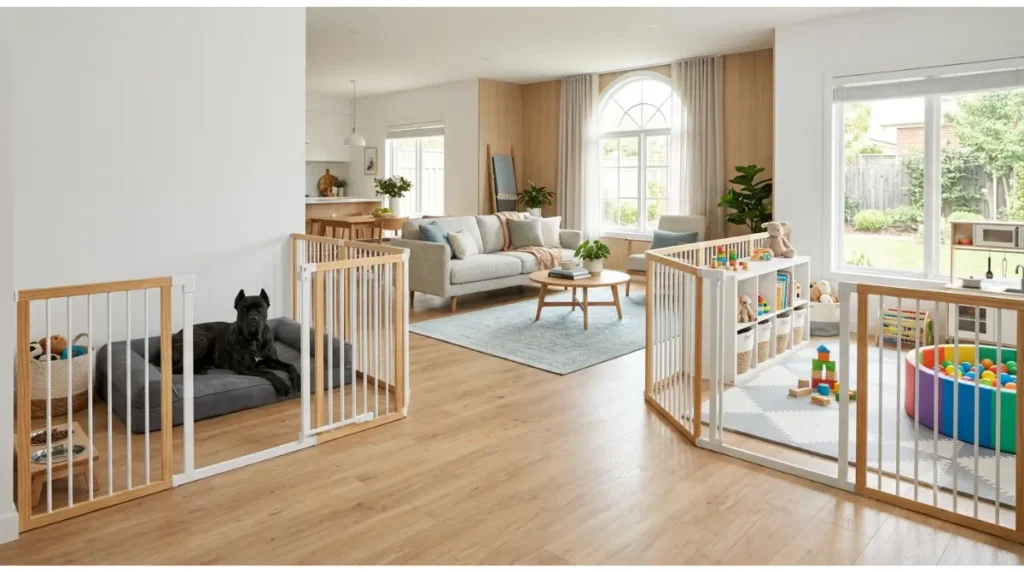 Open-plan home with a gated Cane Corso zone, shared family area, and separate toddler play area