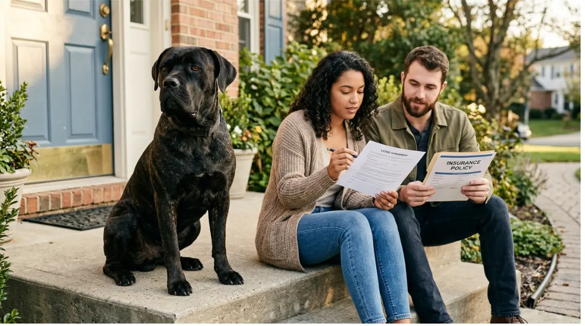 Adult black-brindle Cane Corso sitting calmly with owners reviewing a Homeowners insurance policy and lease outside their suburban home.