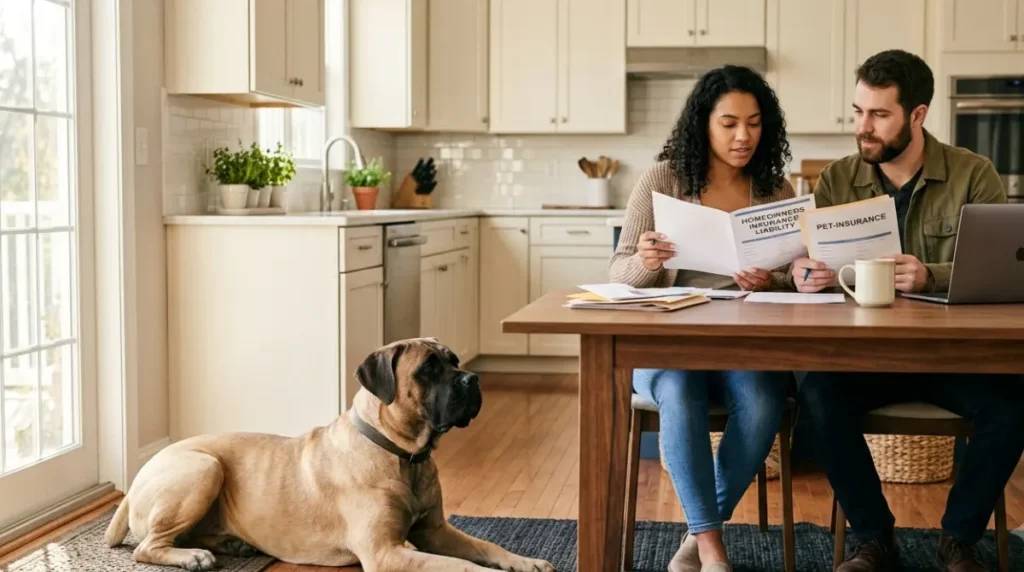 Fawn Cane Corso lying calmly at home while its owner reviews Homeowners liability coverage and separate pet insurance documents.