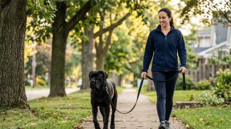 Adult Cane Corso Leash training in progress, with a Cane Corso walking calmly beside its owner on a loose leash