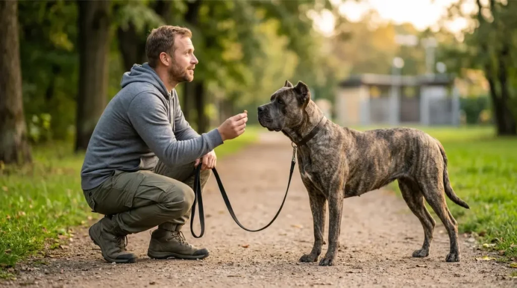 Trainer using Cane Corso Leash training rewards, giving a treat to a Cane Corso for walking beside them with a slack leash